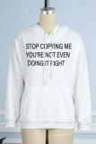 White Casual Print Draw String Letter Hooded Collar Tops