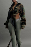 Camouflage Street Camouflage Print Patchwork Pocket Buckle Turndown Collar Tops