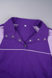 Purple Casual Solid Patchwork Draw String Pocket Buckle Turndown Collar Long Sleeve Two Pieces