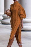 Light Brown Casual Solid Patchwork High Opening Turtleneck Straight Dresses