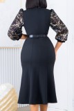 Black Casual Patchwork With Belt Turndown Collar Long Sleeve Dresses