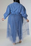 Blue Casual Solid Patchwork Frenulum Turndown Collar Shirt Dress Plus Size Dresses