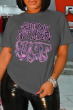 Dark Gray Casual Cute Print Patchwork Letter O Neck T-Shirts