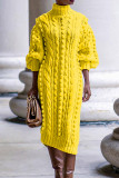 Yellow Casual Solid Patchwork High Opening Turtleneck Straight Dresses