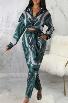 Green Sexy Print Bandage Patchwork Pocket Buckle Shirt Collar Long Sleeve Two Pieces