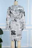 White Blue Casual Print Patchwork Draw String Pocket Hooded Collar Printed Dress Dresses