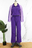 Purple Casual Solid Patchwork Draw String Pocket Buckle Turndown Collar Long Sleeve Two Pieces