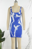 Blue Casual Print Basic U Neck Vest Dress Dresses