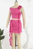 Rose Red Sexy Casual Solid Patchwork Oblique Collar Sleeveless Two Pieces