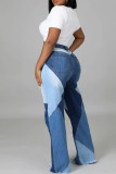 Blue Street Color Block Patchwork Pocket Buttons Contrast Zipper High Waist Loose Denim Jeans
