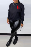 Black Street Print Patchwork O Neck Tops
