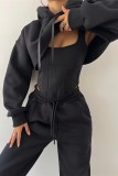 Black Casual Solid Basic Hooded Collar Long Sleeve Three Piece Set