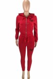 Tangerine Red Casual Letter Embroidered Hooded Collar Long Sleeve Two Pieces