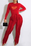 Rose Red Street Print Tassel Letter O Neck Long Sleeve Two Pieces