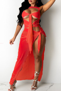 Red Sexy Solid Bandage Hollowed Out Patchwork See-through O Neck Irregular Dress Dresses