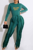 Green Street Print Tassel Letter O Neck Long Sleeve Two Pieces