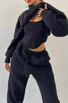 Black Casual Solid Basic Hooded Collar Long Sleeve Three Piece Set