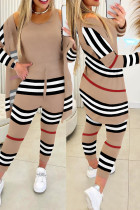 Light Brown Casual Street Striped Print Patchwork O Neck Long Sleeve Three Pieces
