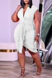 White Casual Solid Fold V Neck Wrapped Skirt Plus Size Dresses