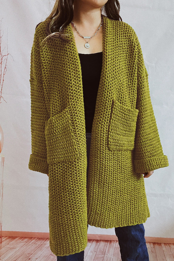 Green Casual Solid Cardigan Outerwear