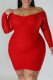 Red Casual Solid Basic V Neck Long Sleeve Plus Size Dresses