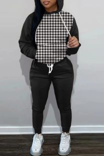 Black White Casual Print Patchwork Hooded Collar Long Sleeve Two Pieces
