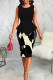 Black Sexy Print Patchwork Slit O Neck Pencil Skirt Dresses