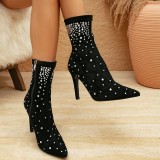 Black Casual Daily Patchwork Rhinestone Pointed Out Door Shoes (Heel Height 3.94in)