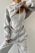 Light Gray Casual Solid Basic Hooded Collar Long Sleeve Three Piece Set