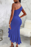 Blue Sexy Solid Patchwork Flounce One Shoulder Irregular Dress Dresses