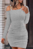 Pink Casual Solid Basic Oblique Collar Long Sleeve Dresses