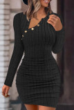 Grey Casual Solid Basic Oblique Collar Long Sleeve Dresses