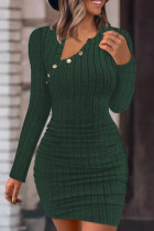 Army Green Casual Solid Basic Oblique Collar Long Sleeve Dresses