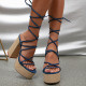 Deep Blue Casual Patchwork Frenulum Pointed Out Door Wedges Shoes (Heel Height 4.92in)