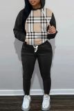 Black Apricot Casual Print Patchwork Hooded Collar Long Sleeve Two Pieces