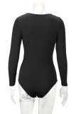 Black Casual Solid Basic V Neck Skinny Bodysuits