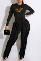 Black Street Print Tassel Letter O Neck Long Sleeve Two Pieces