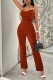 Coffee Casual Solid Backless Spaghetti Strap Skinny Jumpsuits