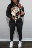Black khaki Casual Print Patchwork Hooded Collar Long Sleeve Two Pieces