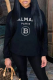 Black Casual Street Print Draw String Letter Hooded Collar Tops