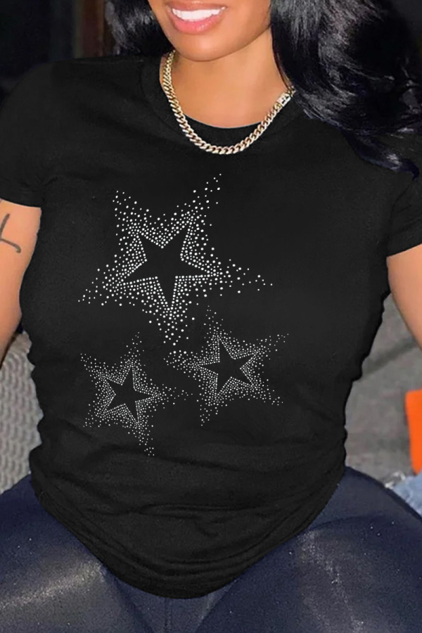 Black Street Daily Print Patchwork O Neck T-Shirts