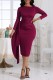 Burgundy Casual Solid Patchwork Frenulum O Neck Long Sleeve Dresses