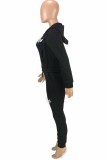 Black Casual Letter Embroidered Hooded Collar Long Sleeve Two Pieces