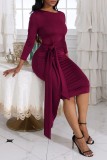 Purple Casual Solid Patchwork Frenulum O Neck Long Sleeve Dresses