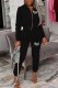 Black Casual Letter Embroidered Hooded Collar Long Sleeve Two Pieces