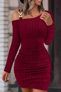 Burgundy Casual Solid Basic Oblique Collar Long Sleeve Dresses