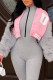 Pink Gray Casual Print Patchwork Buckle O Neck Outerwear