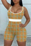 Pink Sexy Plaid Striped Print Patchwork Spaghetti Strap Skinny Rompers