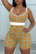 Khaki Sexy Plaid Striped Print Patchwork Spaghetti Strap Skinny Rompers