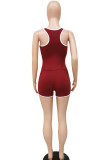 Wine Red Fashion street Solid Sleeveless O Neck Rompers